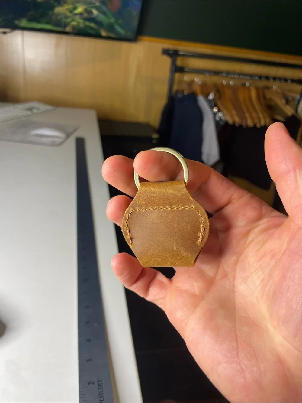 Minimal Leather Keyring Pouch - Tan AirTag / coin holder